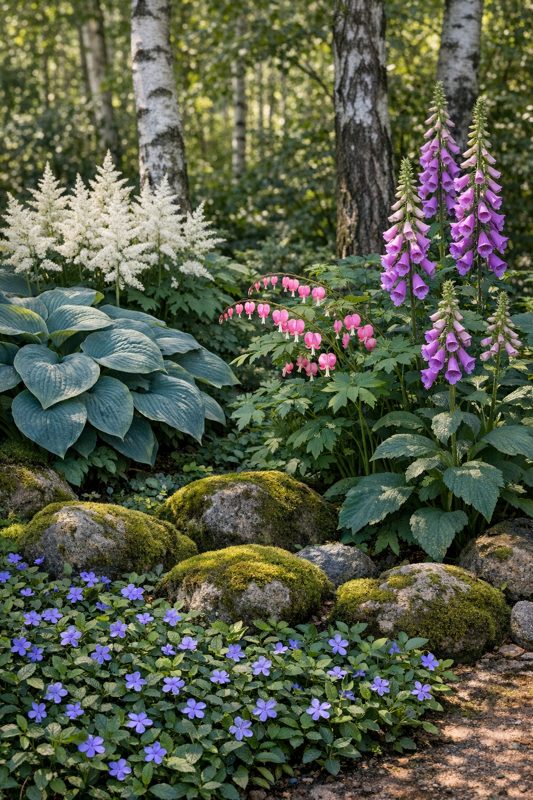 Skyggebed med Hosta, hvid Astilbe, rosa Løjtnantshjerte og lilla Fingerbøl under birketræer